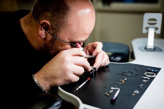 Skilled watchmaker using specialized tools to repair watch components in a workshop.