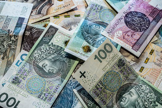 A collection of Polish Zloty banknotes in various denominations, scattered.